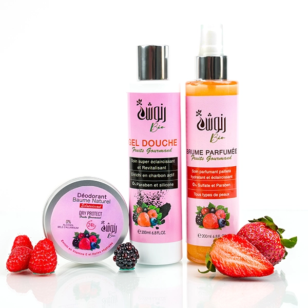 Pack Fruits Gourmands soins corps : gel douche, brume parfumée et déodorant naturel